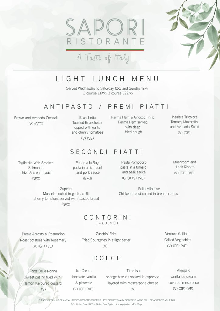Lunch Time Menu SAPORI LINDLEY A TASTE OF ITALY NOW OPEN