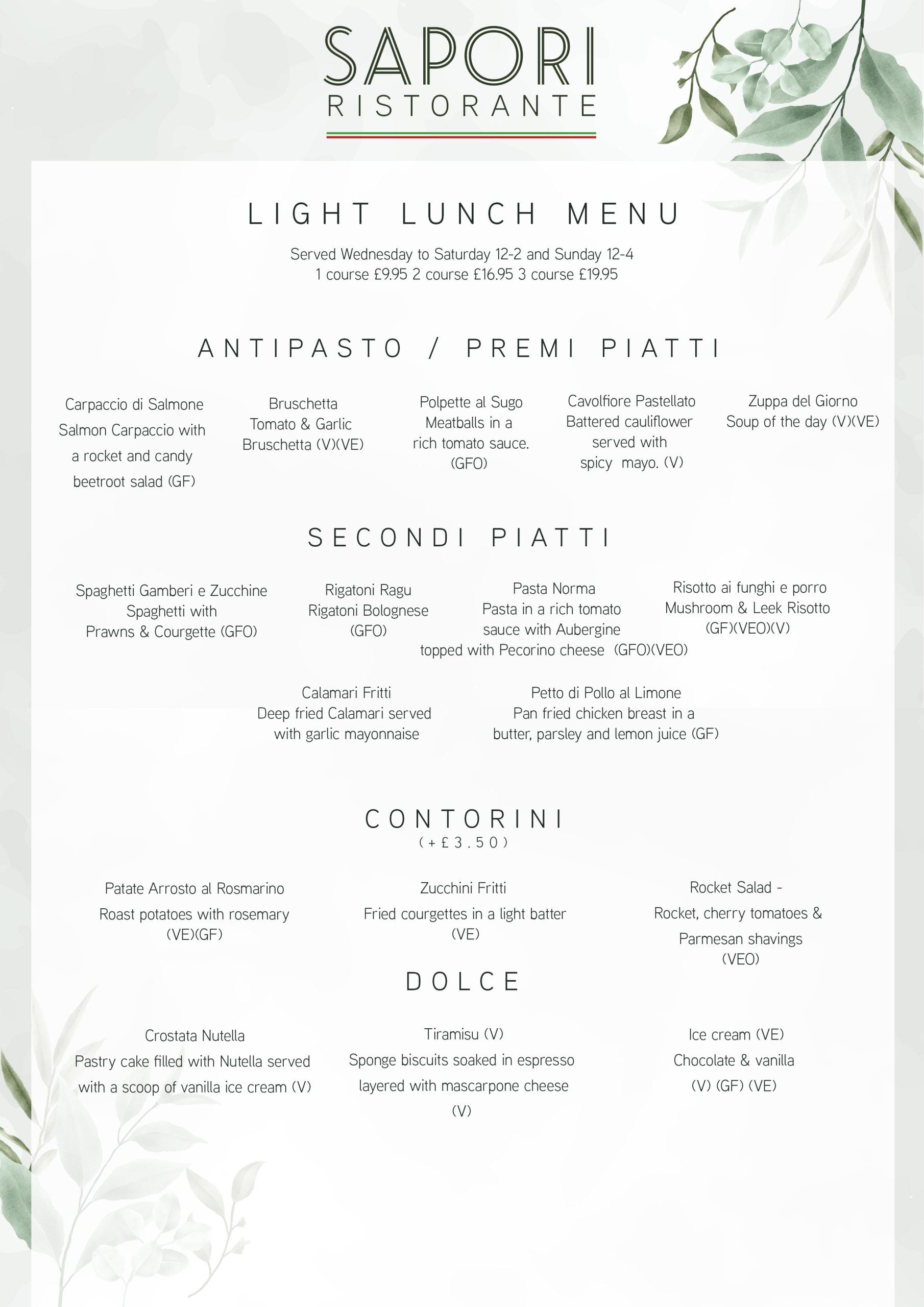 Lunch Time Menu – SAPORI LINDLEY – A TASTE OF ITALY – NOW OPEN